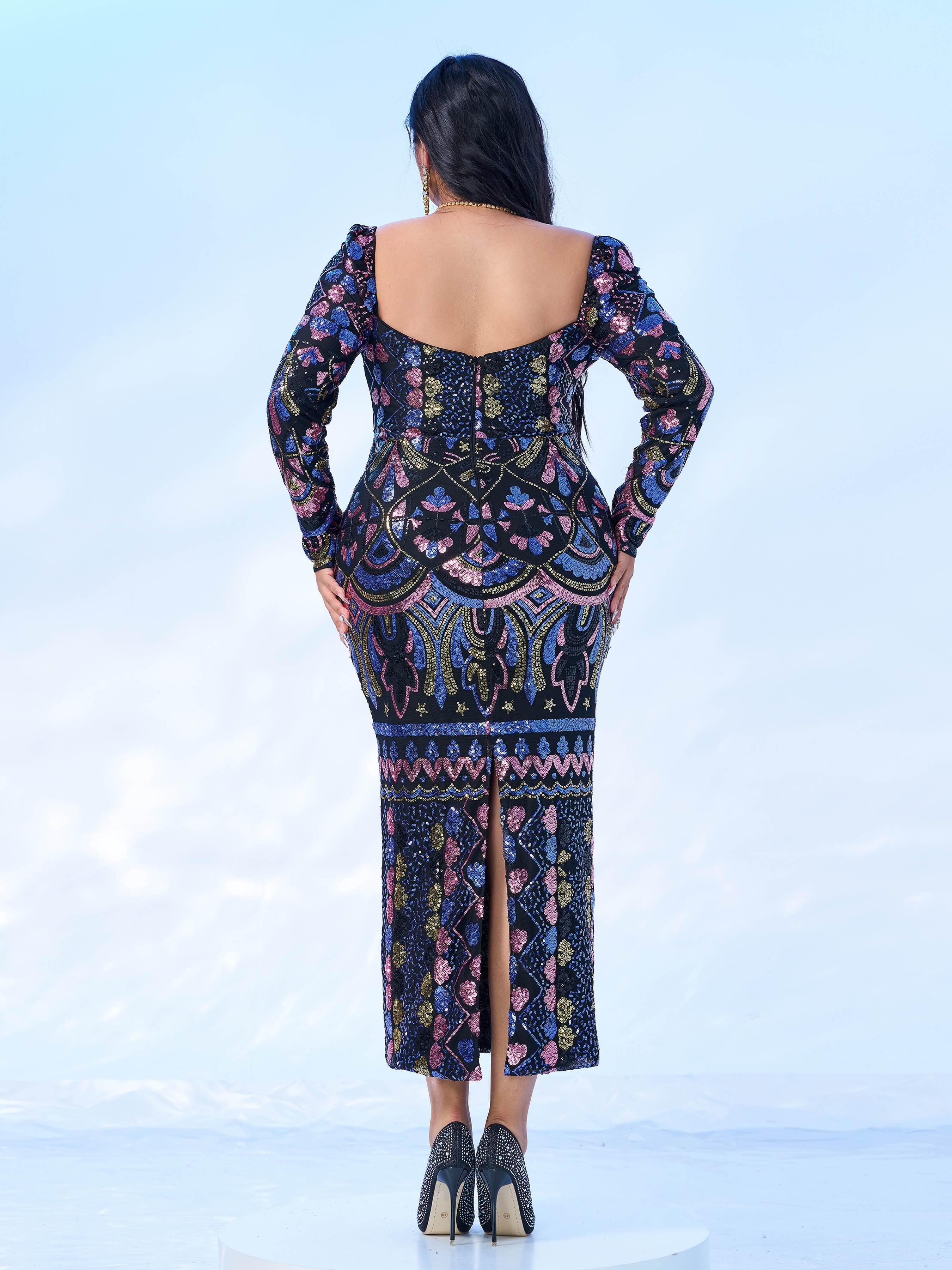 Plus Square Neck Sequin Split Midi Dress