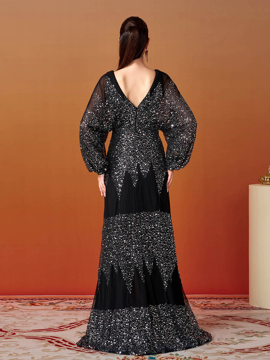 Lantern Sleeve V-Neck High Split Black Prom Dress