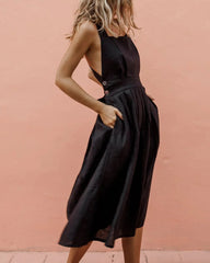 Strap Button Waist Pleated Dress