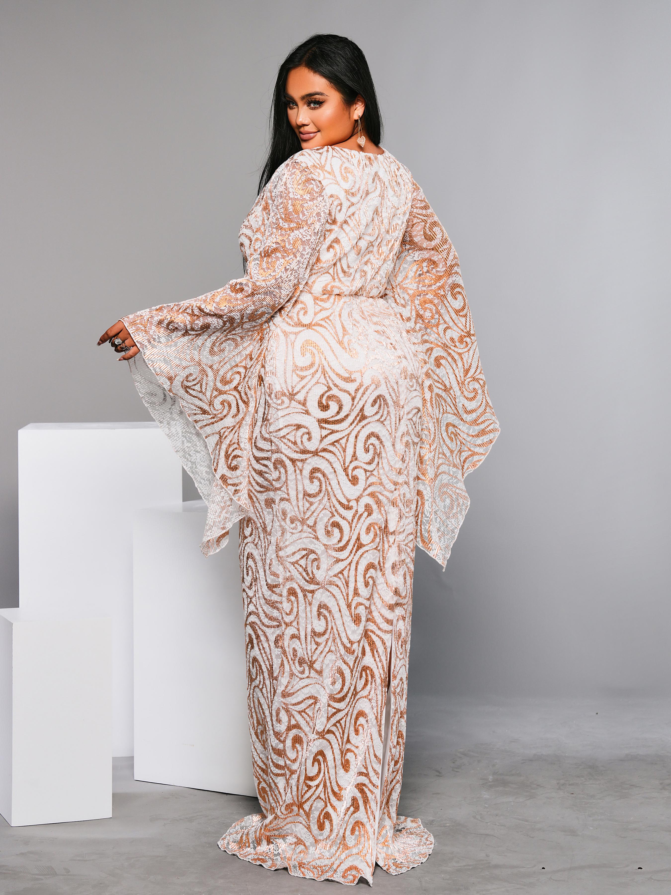 Plus Crew Neck Bell Sleeve Gold Dress