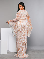 Plus Crew Neck Bell Sleeve Gold Dress