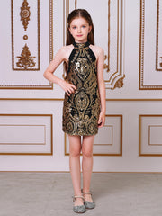 Halterneck Damask Sequin Bodycon Mini Dress