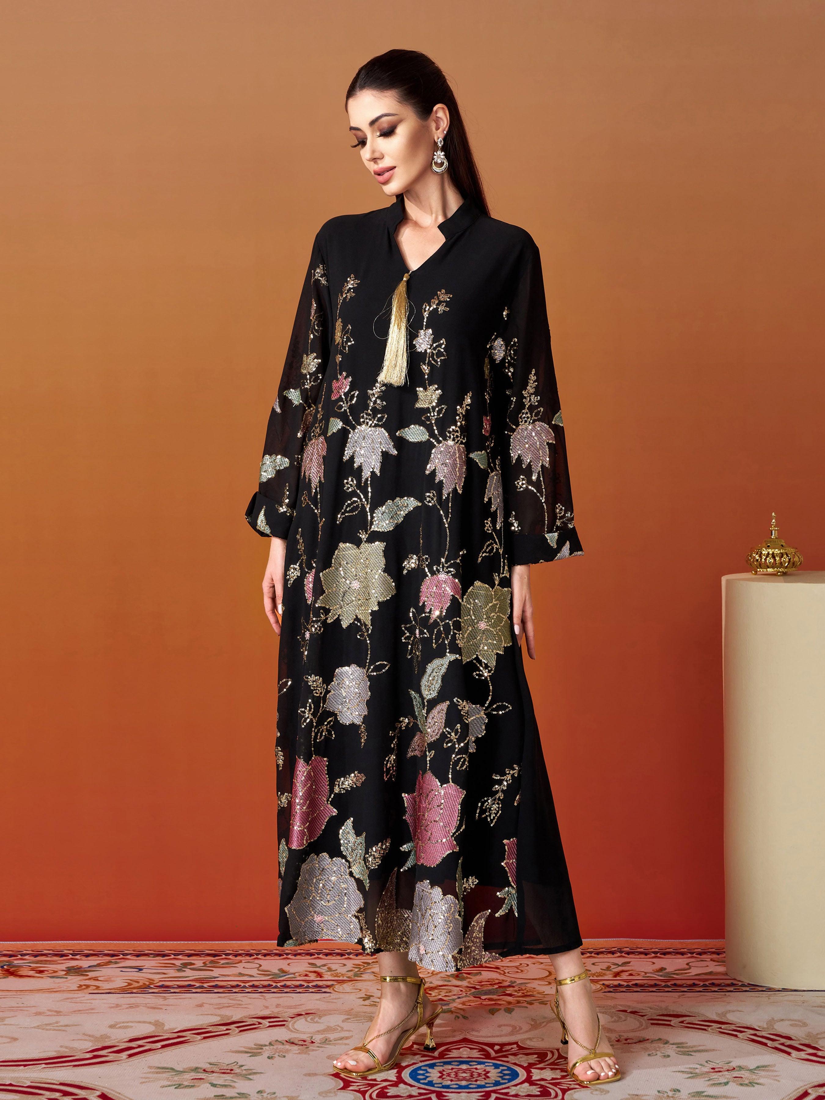 Embroidered Sequin Floral Muslim Dress
