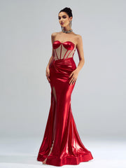 Red Panel Corset Satin Ruched Prom Dress