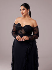 Plus Off Shoulder Corset Lace Panel Prom Dress
