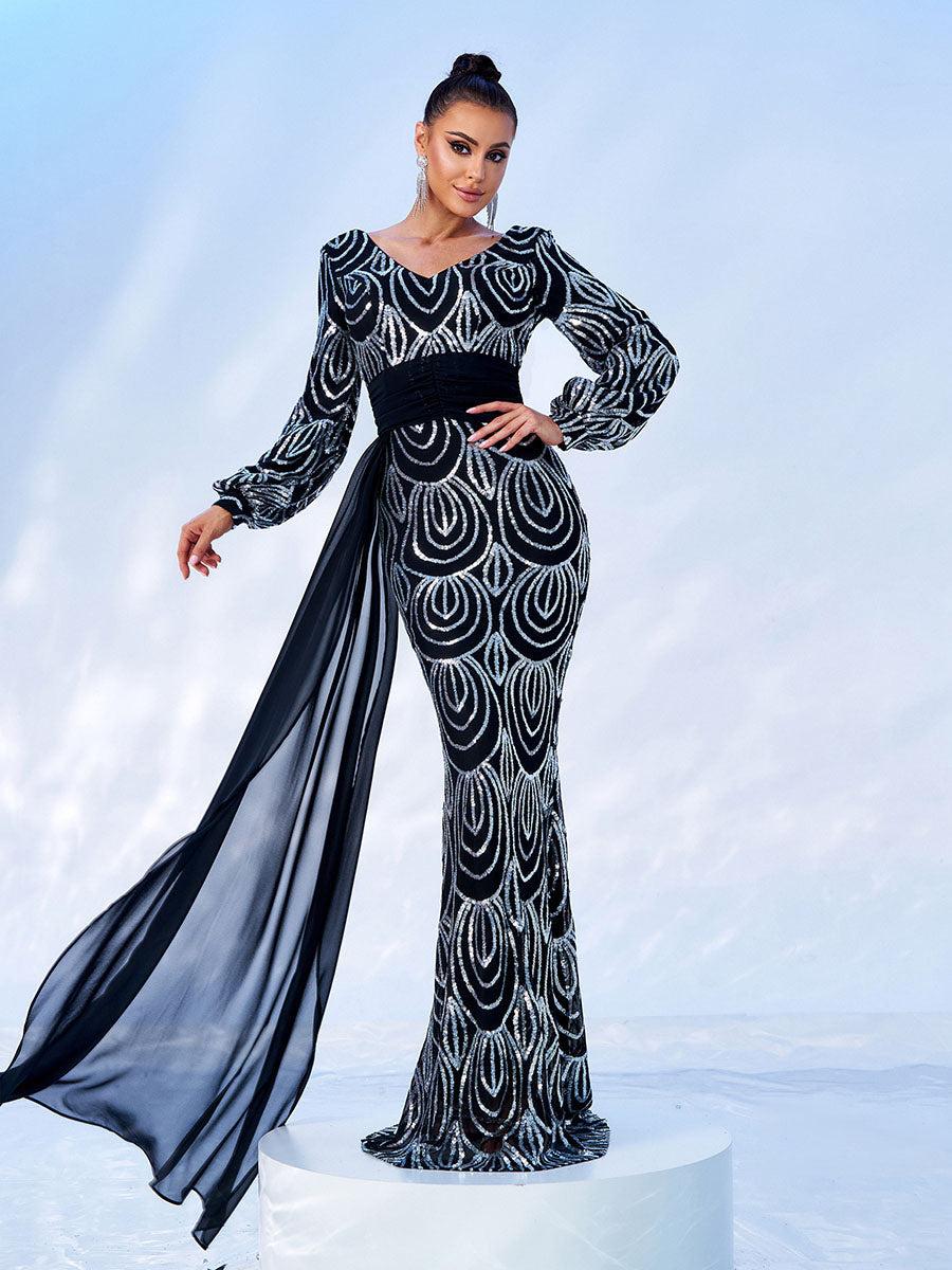Formal Draping Sequin Long Sleeve Dress