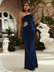 Cut Out Asymmetrical Black Velvet Formal Dress