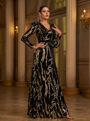 Maxi Sequin Formal Dress With Belt Bow Tie
