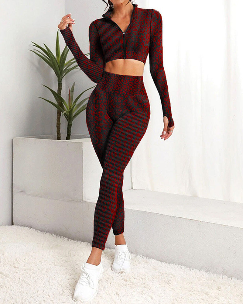 Leopard Zip-up High Waist Long Sleeve Trousers Two-piece Set