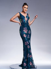 Floral Sleeveless Sequin Evening Dress