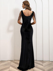 Shouder Chain Split Velvet Prom Dress