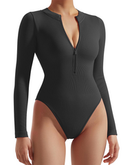 Seamless Ribbed Zip-Up Long Sleeve Bodysuit