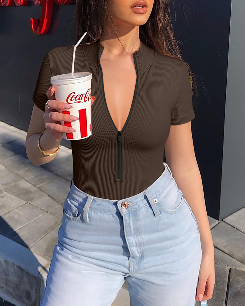 One-piece Short-sleeved Front-zip Briefs Jumpsuit