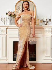 Off Shoulder High Split Prom Dress