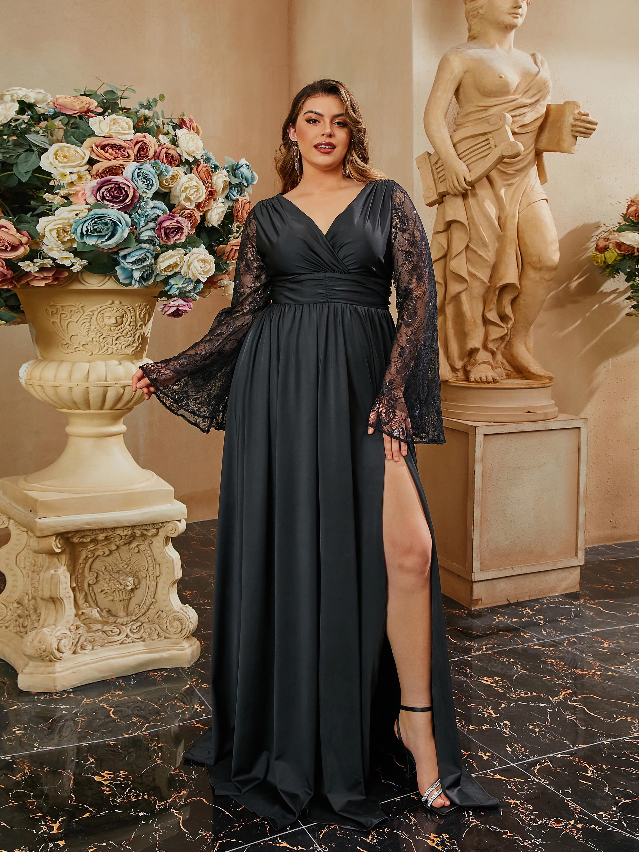 Plus Size Wrap Ruched Lace Sleeve Black Dress