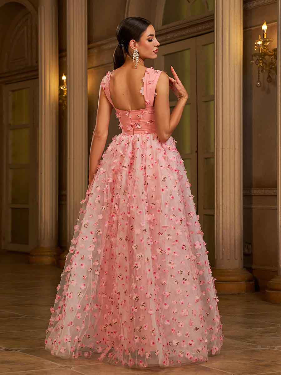 Appliqued Pink Camisole Floral Tulle Dress