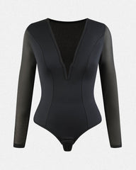 V-Neck Mesh Long-Sleeved Shapewear Thong Bodysuit