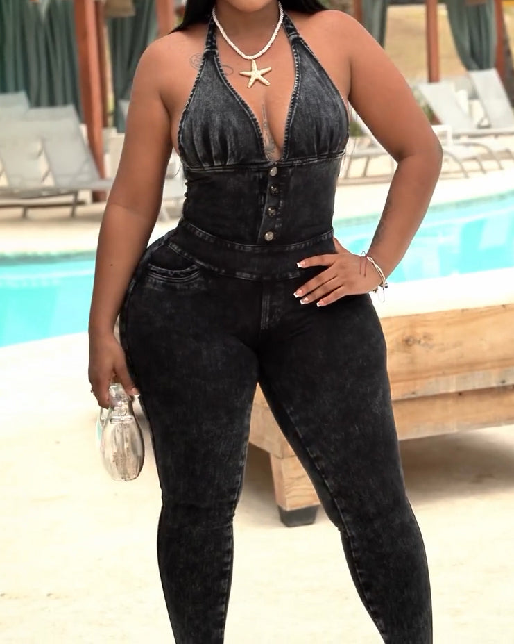 Halter Neck Slimming Hip-Lifting Sleeveless Denim Jumpsuit