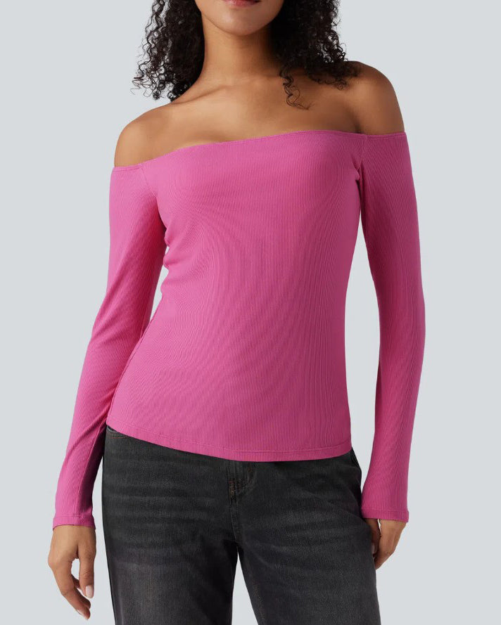 Off-Shoulder Built-In Bra Ribbed Knit Long-Sleeve Top