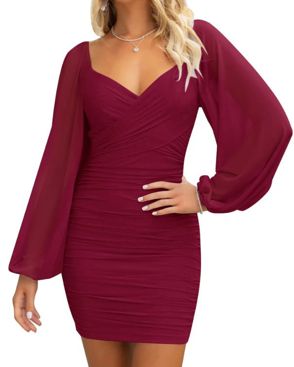 Puff Sleeve V-Neck Mesh Ruched Bodycon Dress