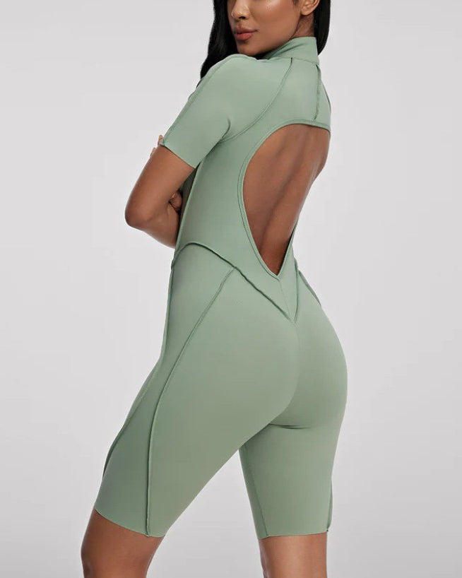 Short-Sleeved Zip-Up Striped Bodycon Jumpsuit