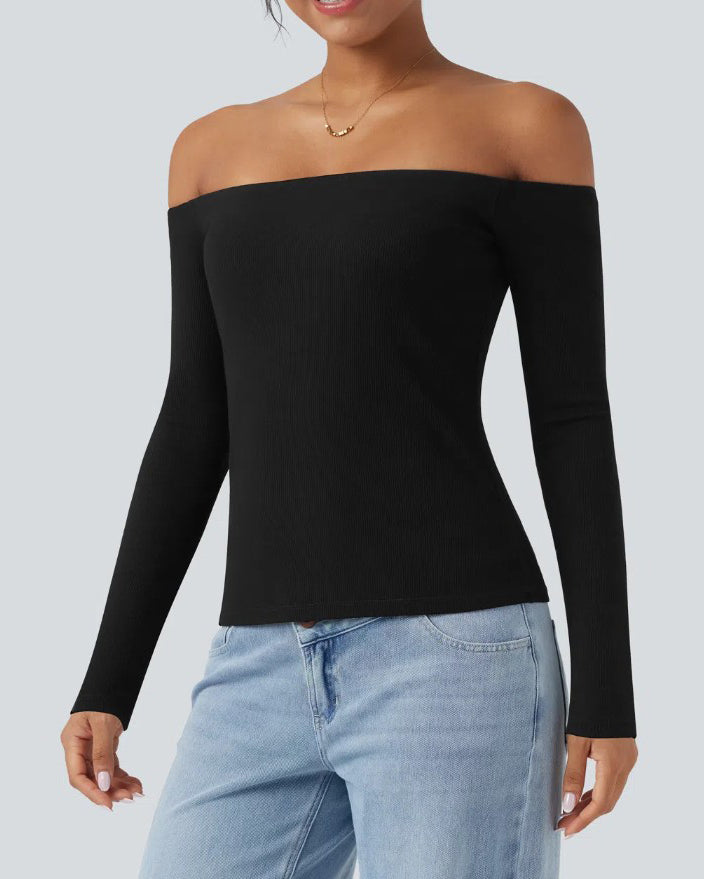Off-Shoulder Built-In Bra Ribbed Knit Long-Sleeve Top