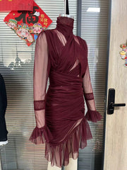 Ruche Sheer Mesh Long Sleeve Bodycon Dress