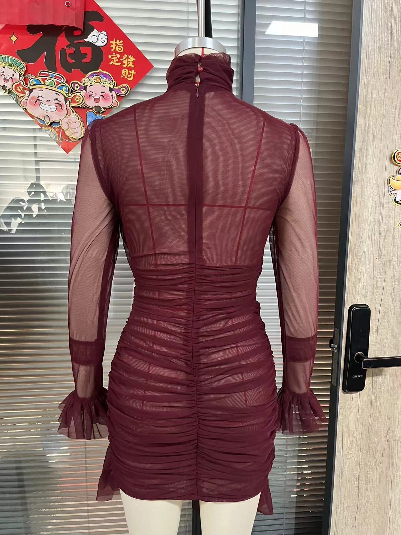 Ruche Sheer Mesh Long Sleeve Bodycon Dress