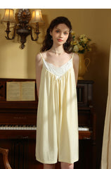 Cotton Linen Straps Lace Slit Nightdress