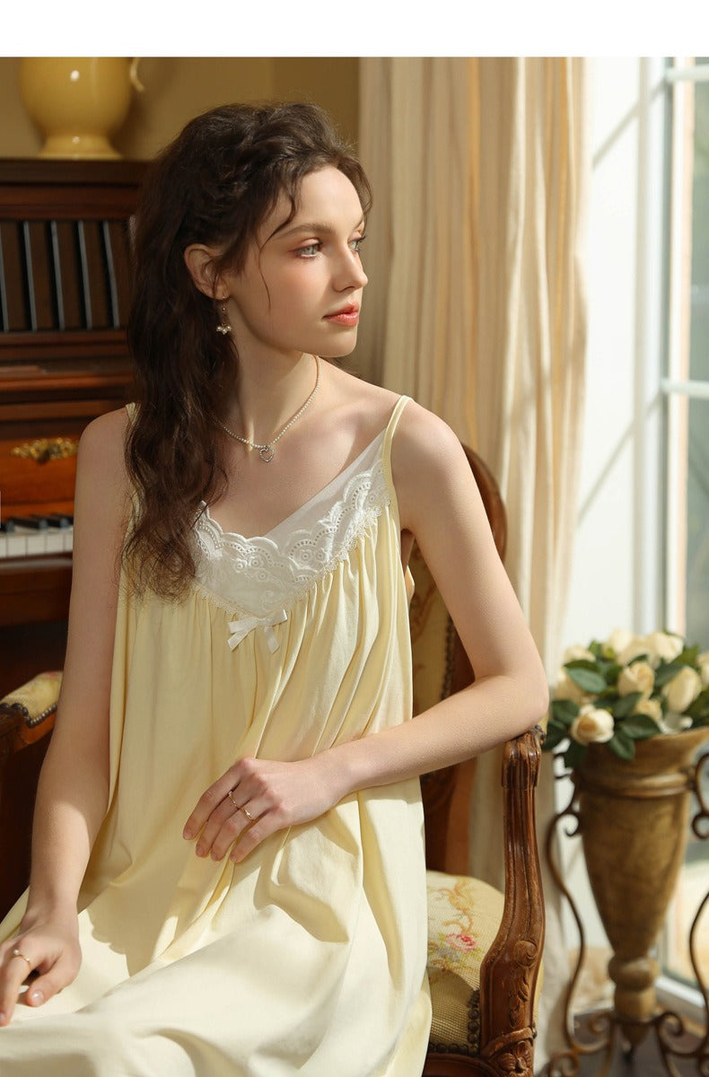 Cotton Linen Straps Lace Slit Nightdress