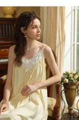 Cotton Linen Straps Lace Slit Nightdress