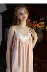 Cotton Linen Straps Lace Slit Nightdress