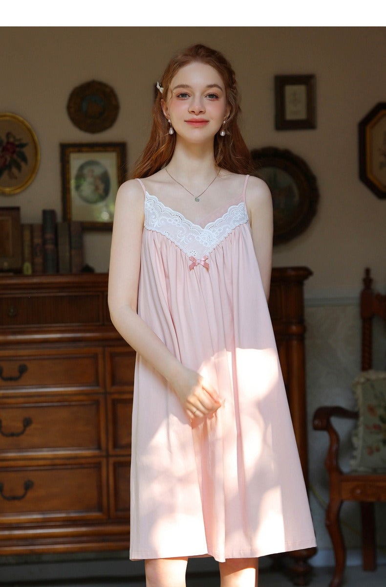Cotton Linen Straps Lace Slit Nightdress