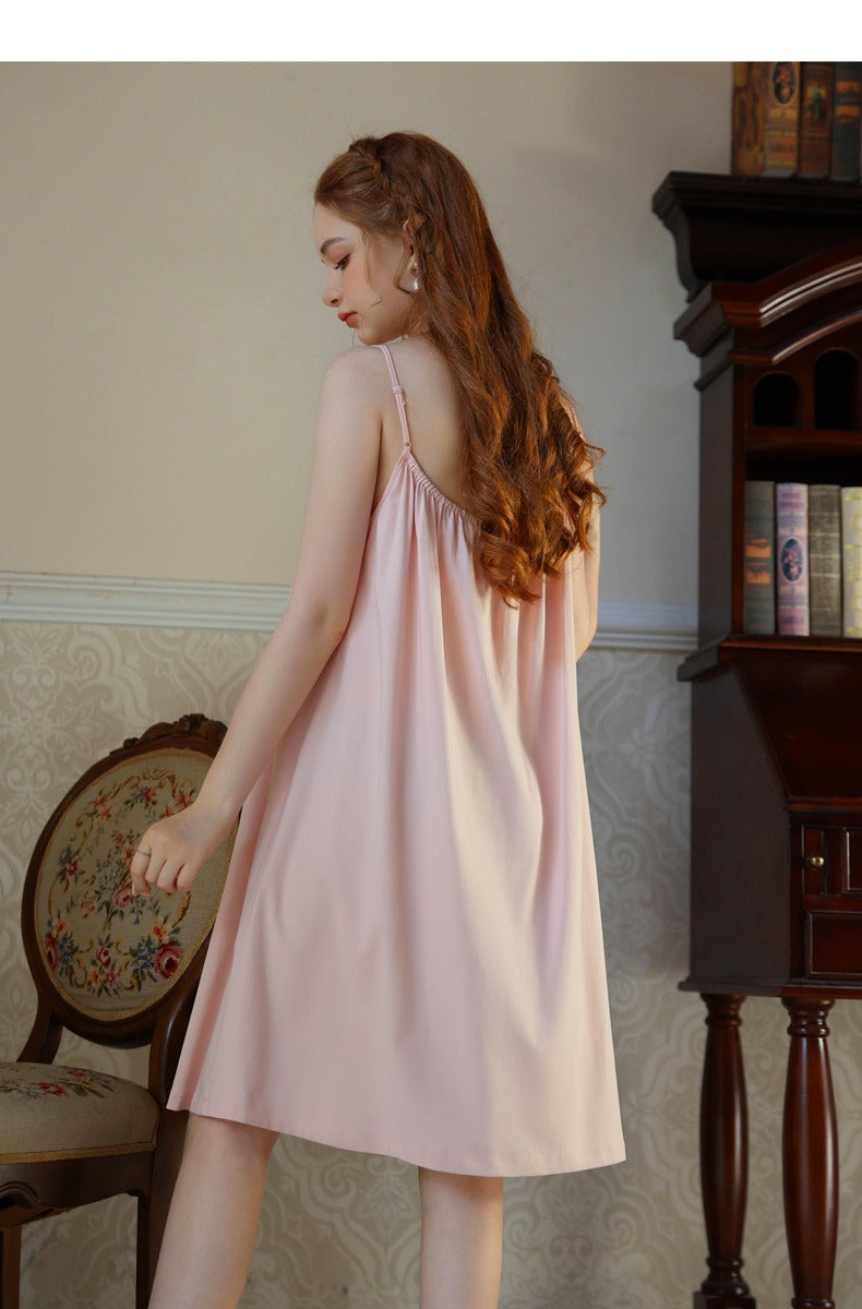 Cotton Linen Straps Lace Slit Nightdress