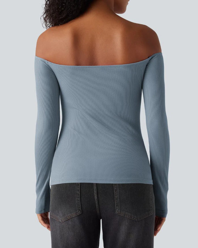 Off-Shoulder Built-In Bra Ribbed Knit Long-Sleeve Top