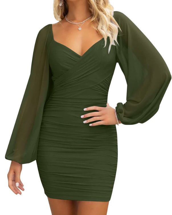 Puff Sleeve V-Neck Mesh Ruched Bodycon Dress
