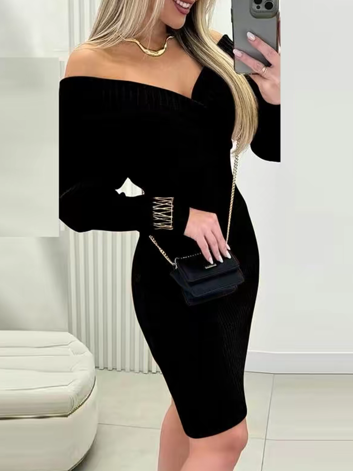 V Neck Off The Shoulder Long Sleeved Knitted Slim Fit Dress