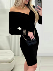 V Neck Off The Shoulder Long Sleeved Knitted Slim Fit Dress