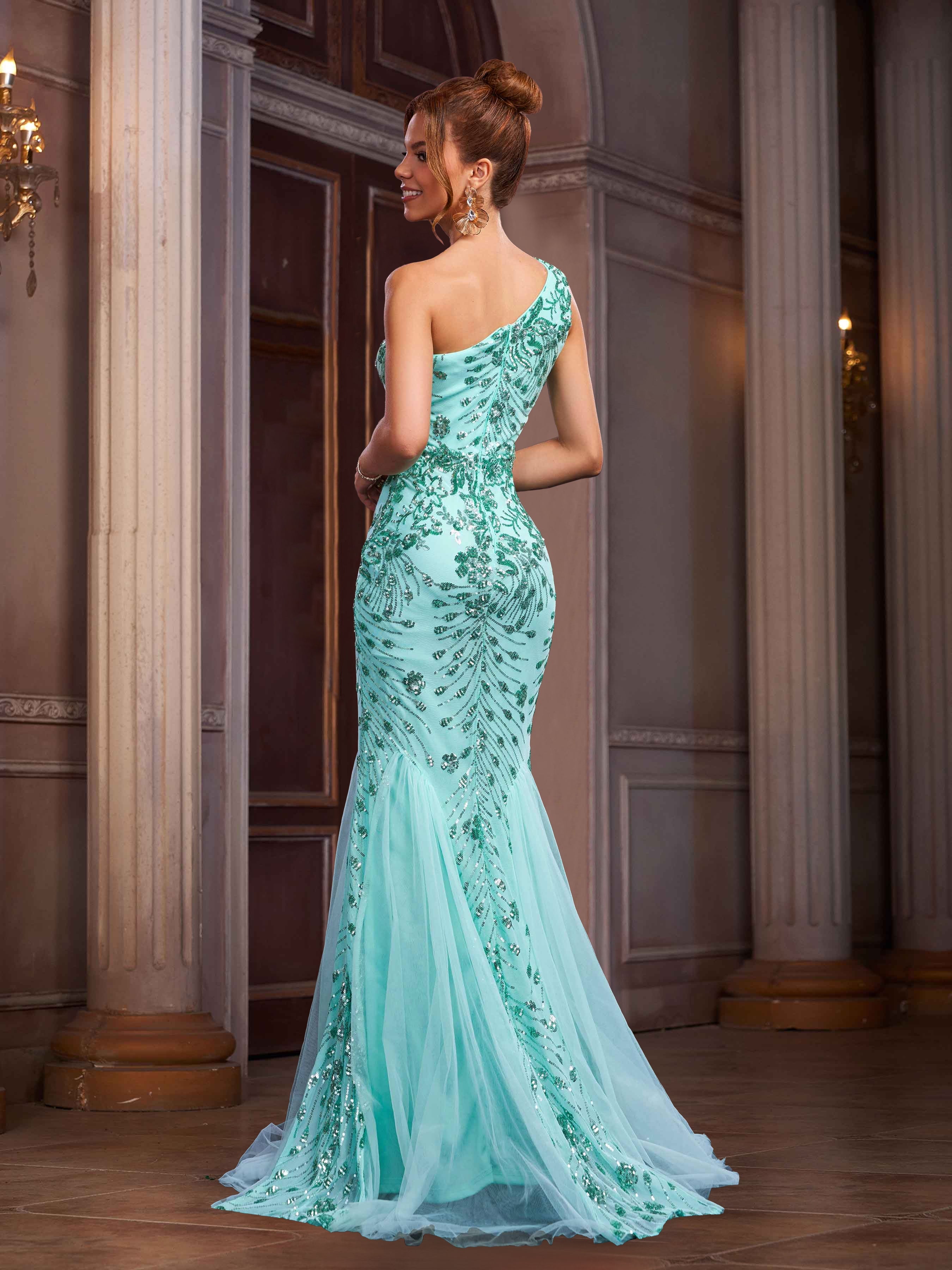 Mint Floral Sequin Mermaid Luxury Evening Dress