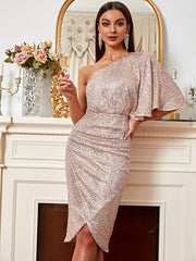 One Shoulder Sequin Midi Cocktail Dress