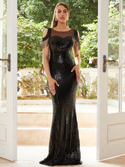 Cold Shoulder Fringed Sequin Black Evening Dress