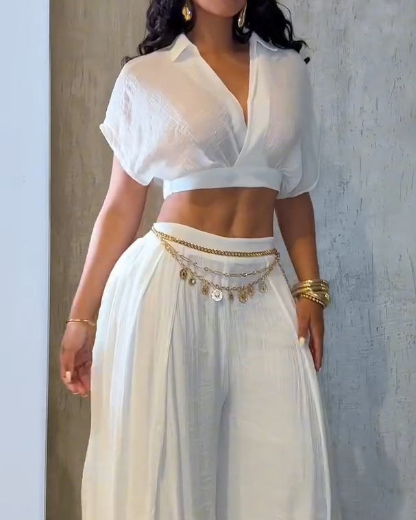 Casual Lapel Cropped Top Wide Leg Pants 2-Piece Set