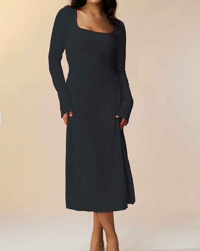 Knitted Ribbed Square Neck Long-Sleeved Tie Dress