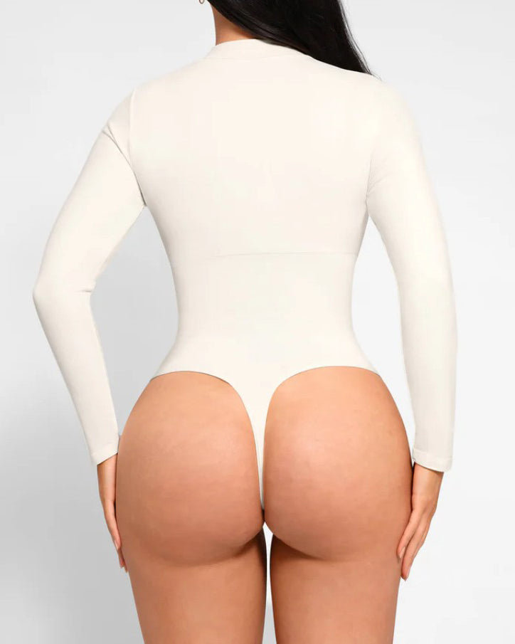 Front Zip Long Sleeve Shapewear Thong Bodysuit