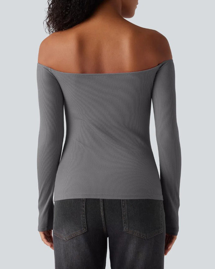 Off-Shoulder Built-In Bra Ribbed Knit Long-Sleeve Top