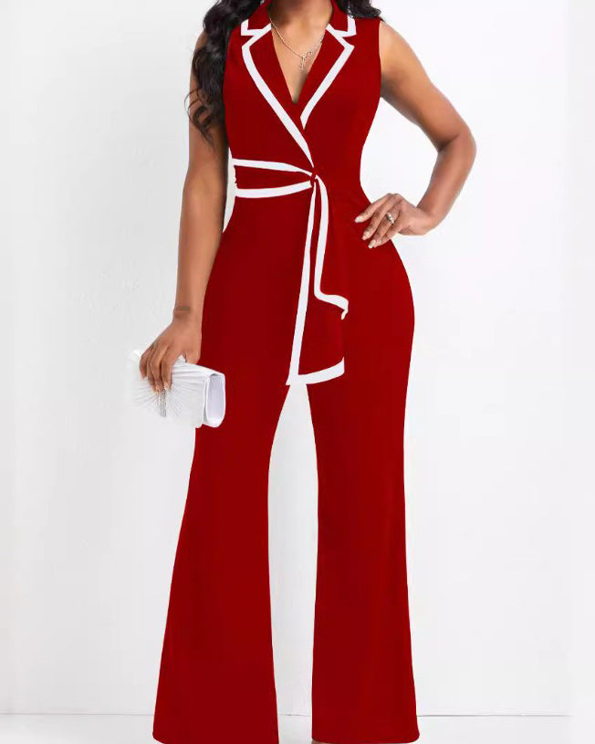 V-Neck Splicing Sleeveless Wide-Leg Jumpsuit