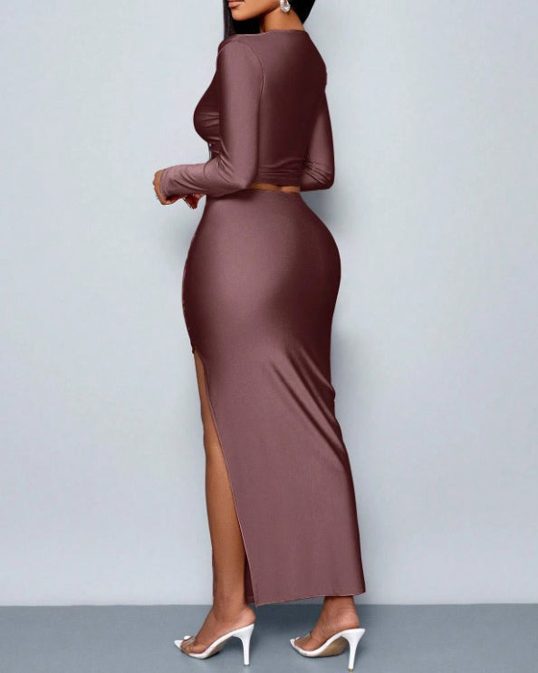 Long-Sleeved Ruched Slim Fit Maxi Skirt 2-Piece Set