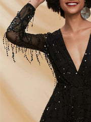 Deep V Neck Sheer Sleeve Sequin Mesh Romper