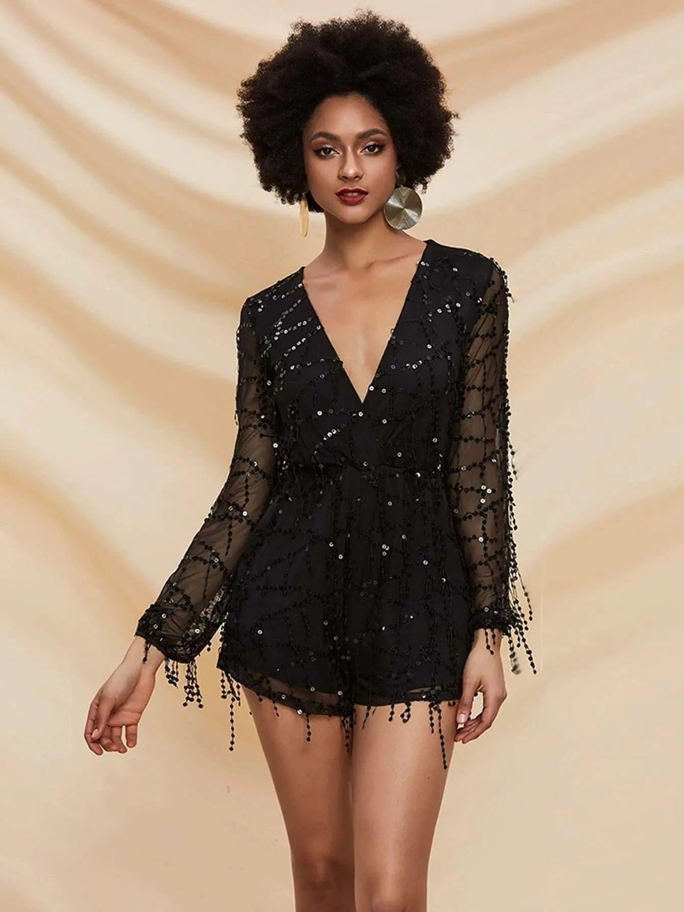 Deep V Neck Sheer Sleeve Sequin Mesh Romper