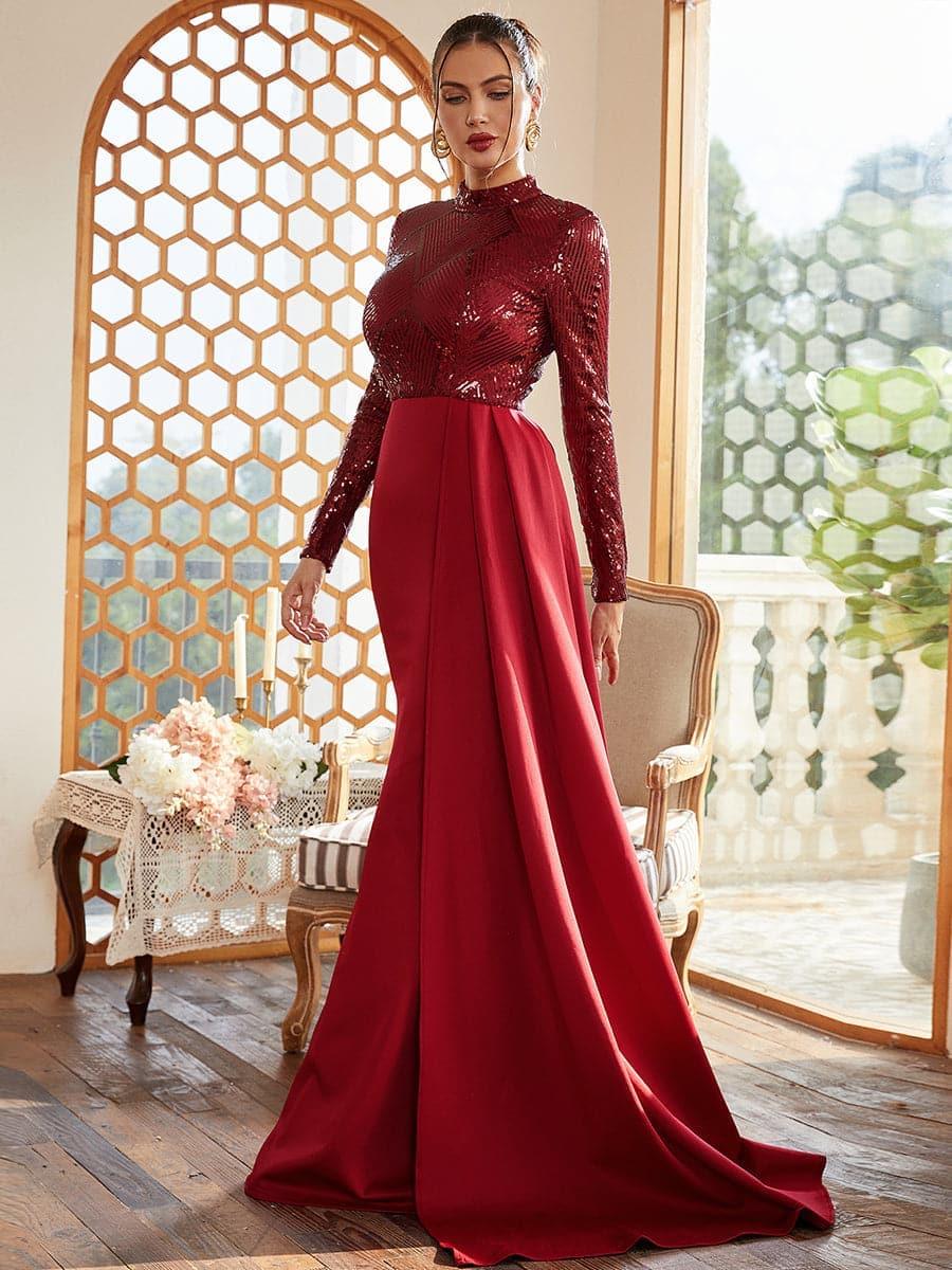 Draping Long Sleeve Sequin Formal Dress